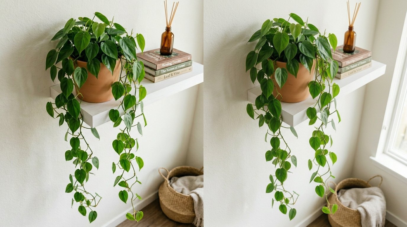 Potted heartleaf philodendron with hanging vines on a white shelf next to books and a diffuser.