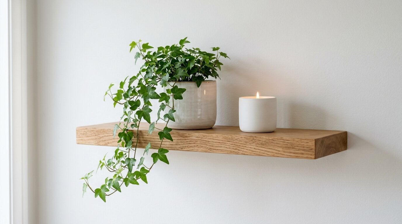 Green trailing ivy in a ceramic pot beside a glowing white candle on a wooden floating shelf.
