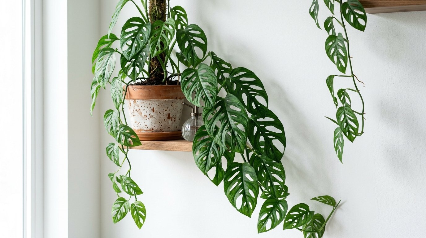 A Swiss cheese vine plant in a terracotta pot with vines hanging down from a wooden wall shelf.