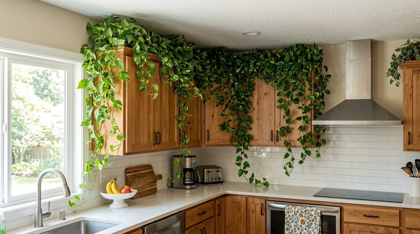 Lush green pothos plants trailing over wooden kitchen cabinets above a white tiled backsplash and quartz countertop.