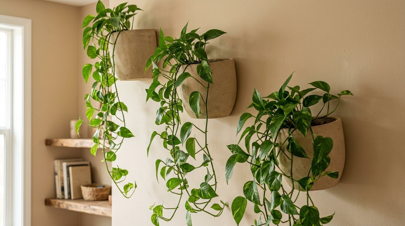 Three wall-mounted beige pots holding vining green pothos plants against a soft neutral wall background.