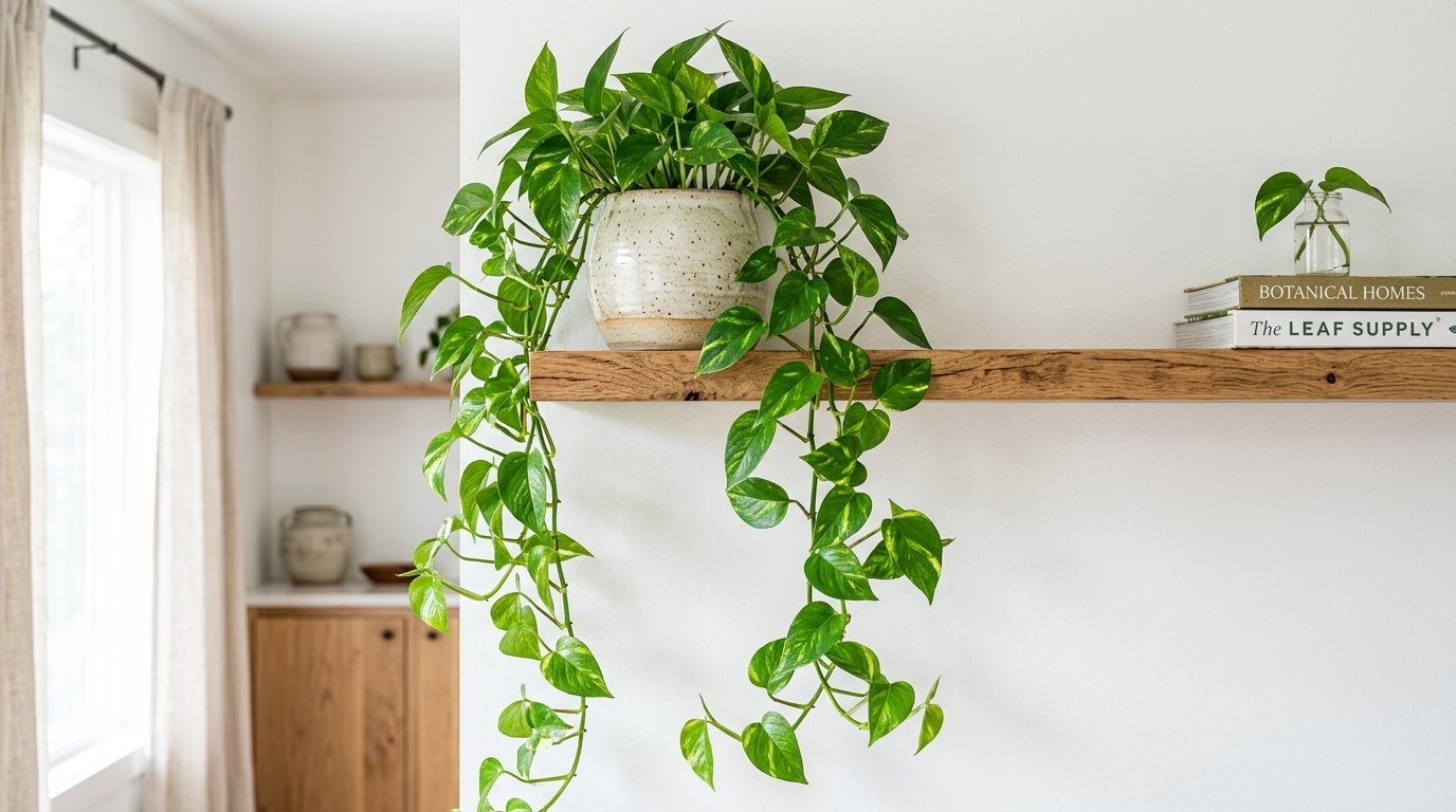A vibrant green pothos plant hangs from a wooden wall shelf beside two books and a small plant cutting in a glass jar.