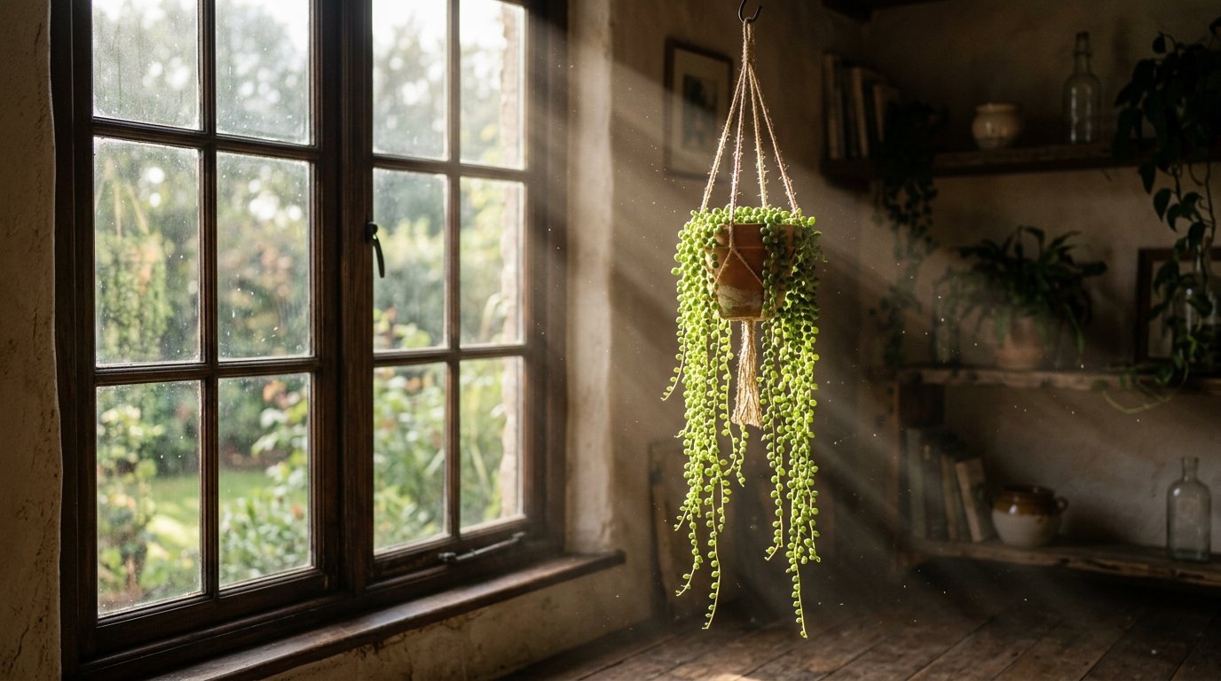 A string of pearls succulent hangs in a jute planter in a sunlit room by a wooden window frame.