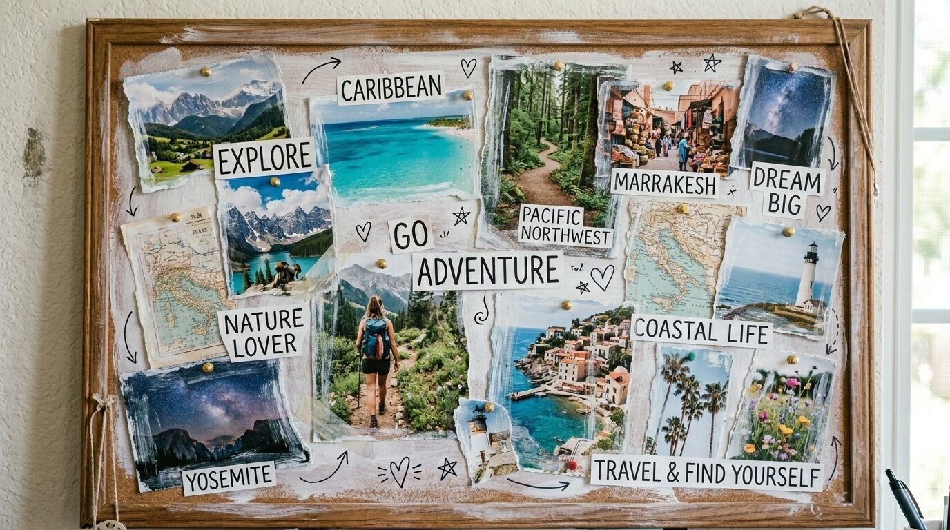 Wooden bulletin board covered in travel photos of mountains, beaches, and cities, with motivational text labels.