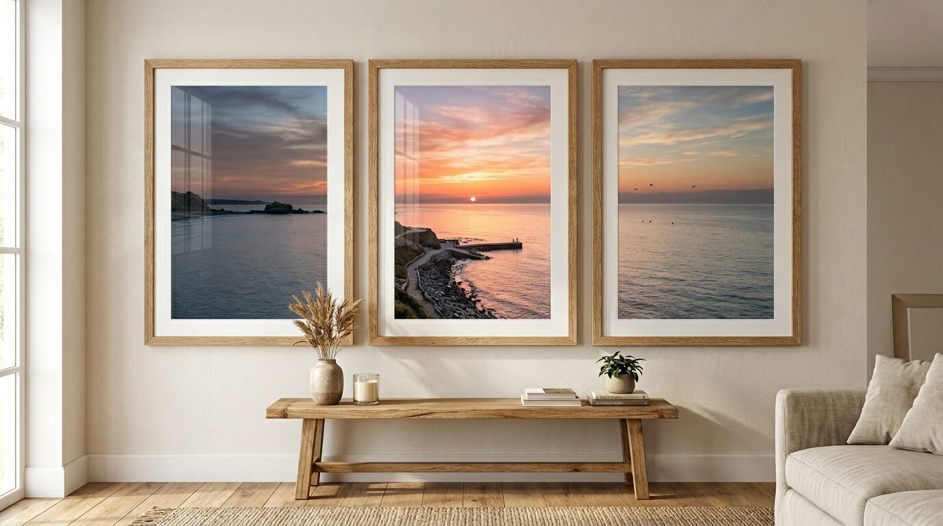 A set of three wooden framed landscape photos showing a sunset over the ocean hanging above a rustic wooden bench.
