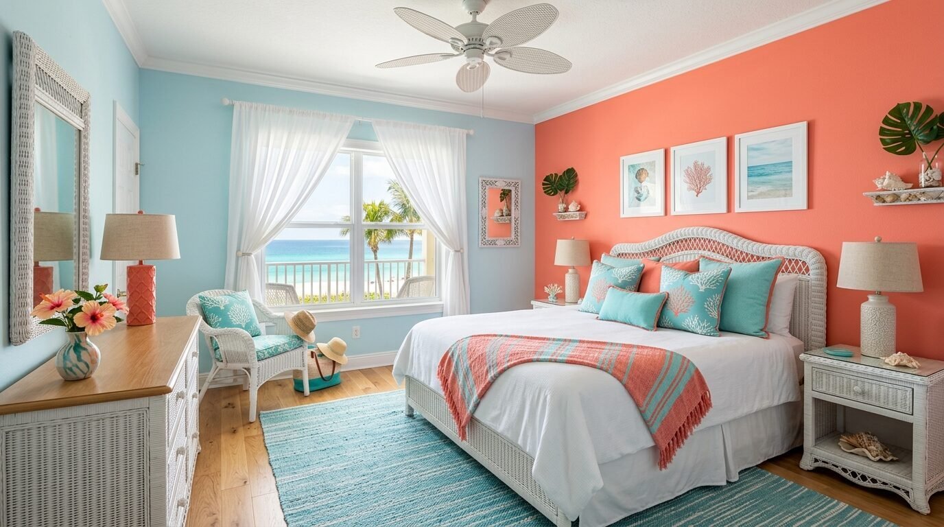 Coastal bedroom with coral walls, white wicker furniture, and turquoise bedding overlooking a sandy beach.