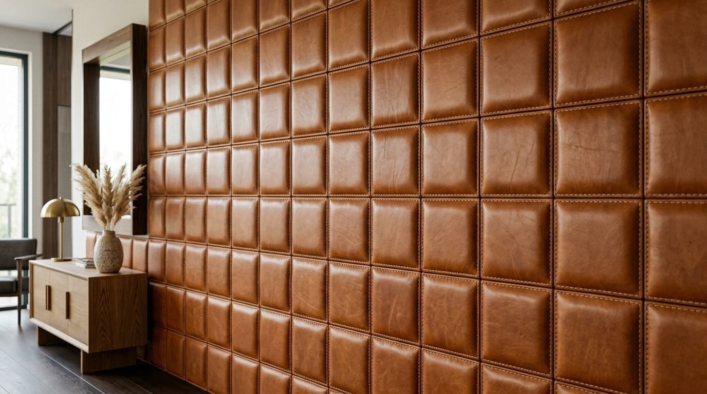 Close up of a wall featuring stitched square brown leather padding in a modern home.