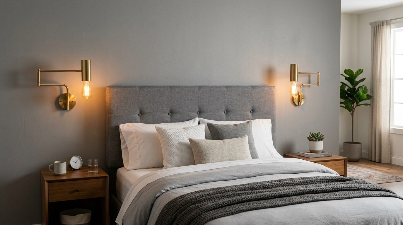 A grey tufted headboard flanked by two brass wall sconces above wooden nightstands.