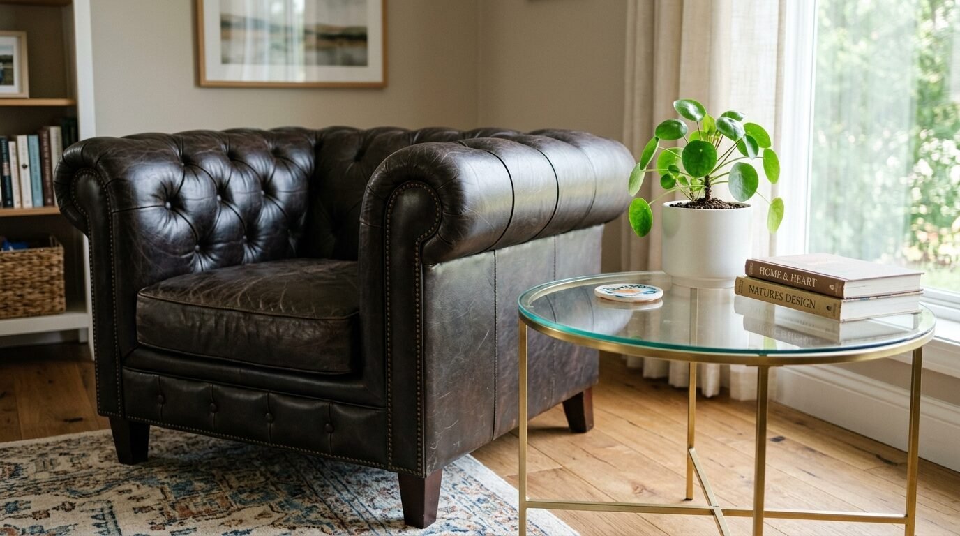 A dark leather tufted armchair next to a round glass coffee table holding a potted plant and two stacked books.
