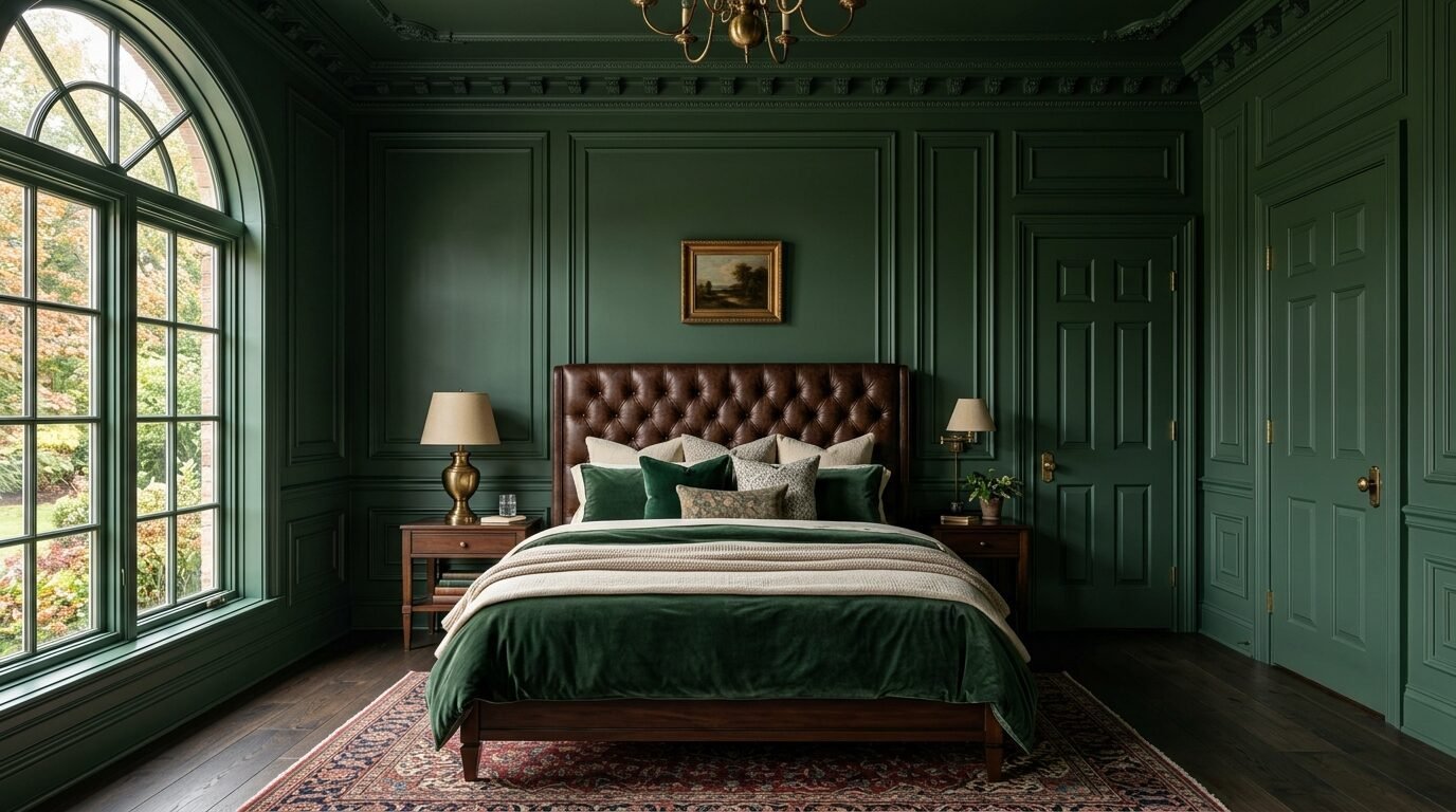 A bedroom with dark green walls, a tufted brown leather headboard, and a velvet green bedspread.