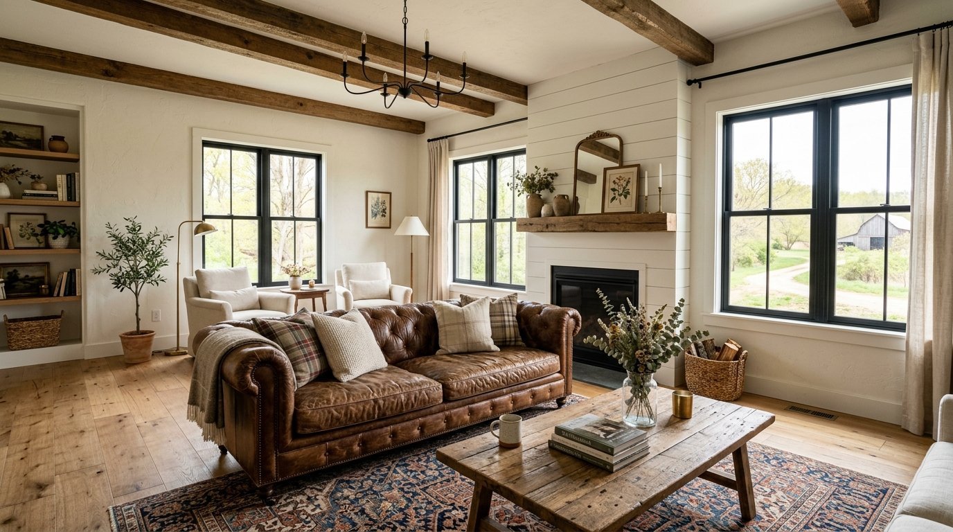 A cozy farmhouse living room with a brown leather sofa, wooden beams, fireplace, and a dark patterned area rug.