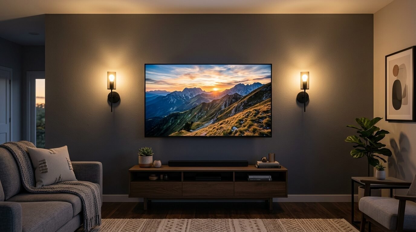 A flat screen TV showing a sunset over mountains, centered between two illuminated wall sconces above a wooden console.