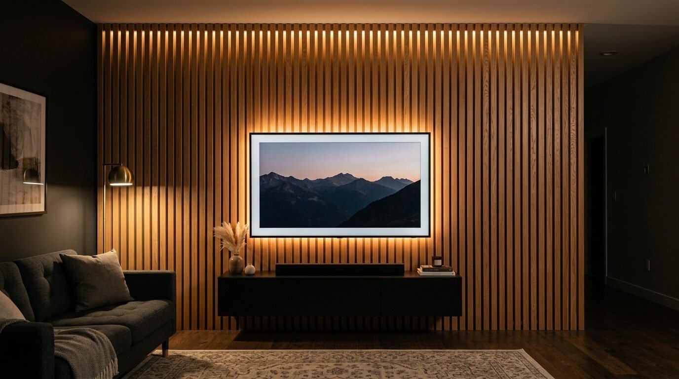 A television displaying mountains with backlighting on a vertical wood panel feature wall above a black media console.