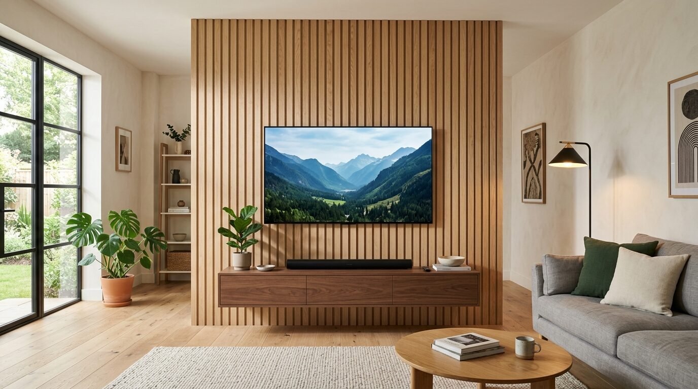 Modern living room featuring a flat screen TV on a wooden slat accent wall above a floating walnut media console.