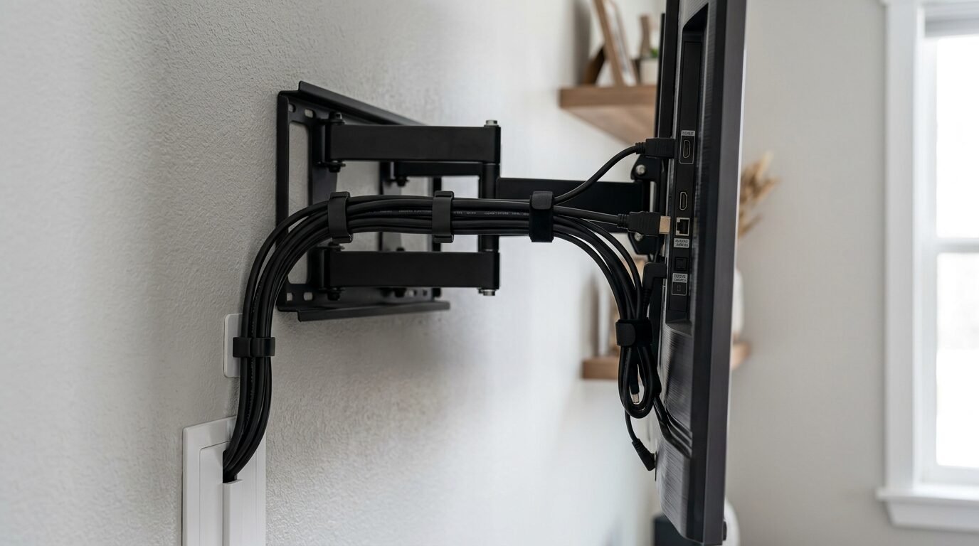 Side view of a television on an adjustable wall mount with wires secured by cable ties and a wall channel.