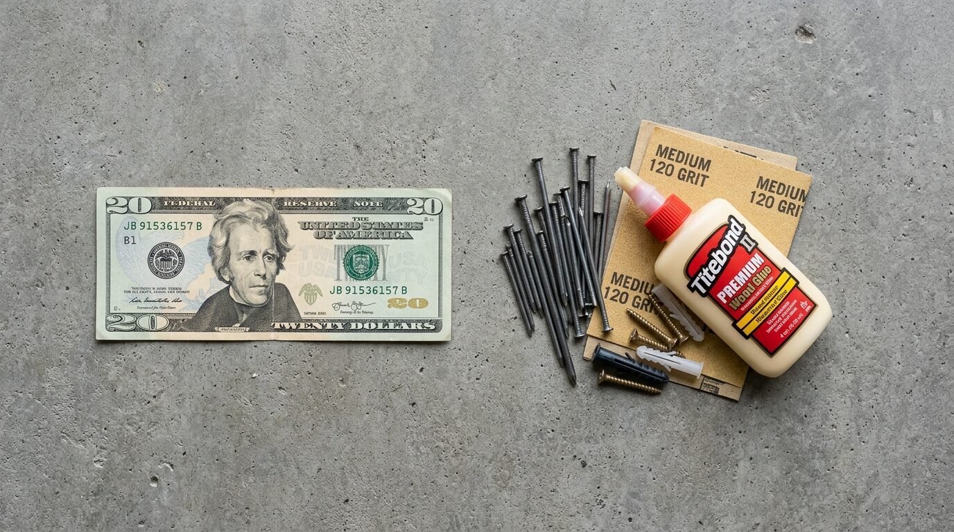 US twenty dollar bill next to a stack of sandpaper, hardware nails, and a bottle of Titebond II premium wood glue.