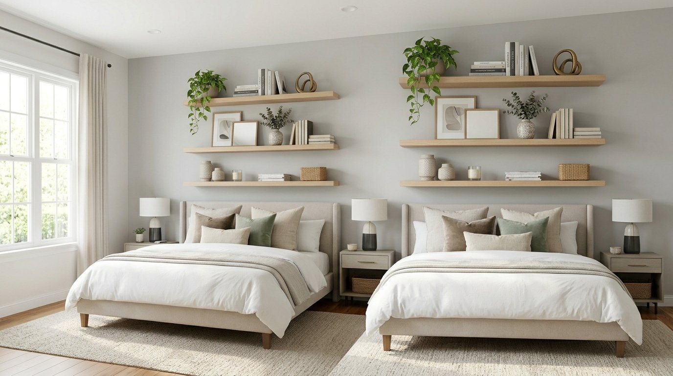 Modern hotel-style bedroom featuring two identical beds, neutral decor, and styled shelves above each headboard.
