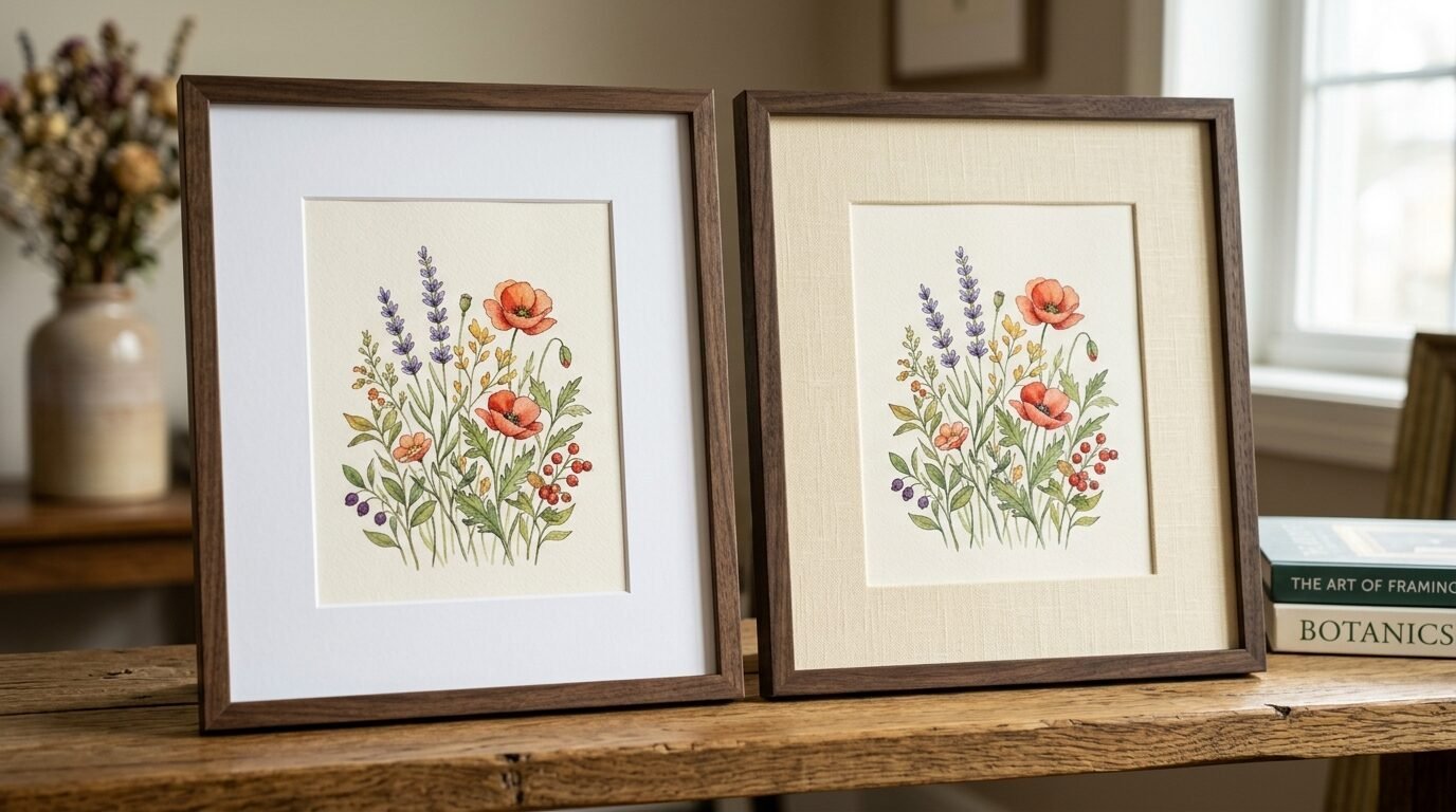 Two wooden frames containing floral botanical illustrations of lavender and poppies on a rustic wooden table.
