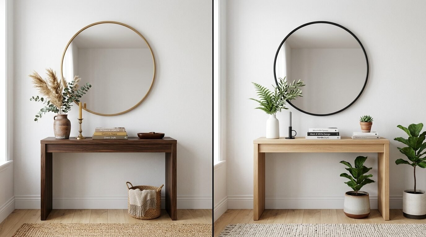 Comparison of two entryways featuring dark and light wood console tables with round mirrors and indoor plants.