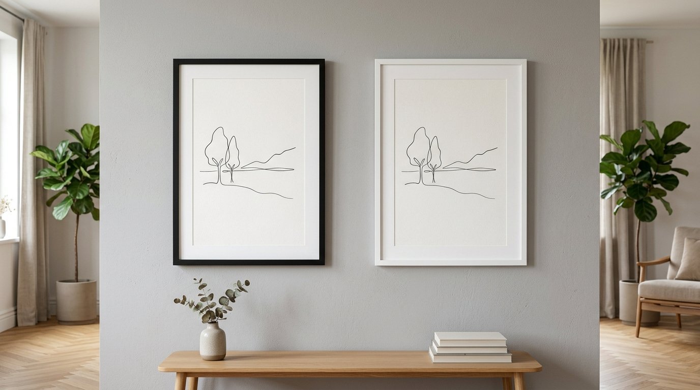 Two framed line art drawings of trees displayed on a light gray living room wall