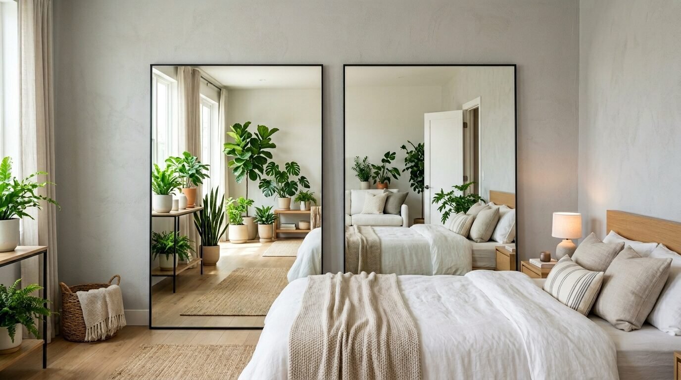 Twin large mirrors reflecting lush indoor plants and a bed in a bright, neutral-toned master bedroom.