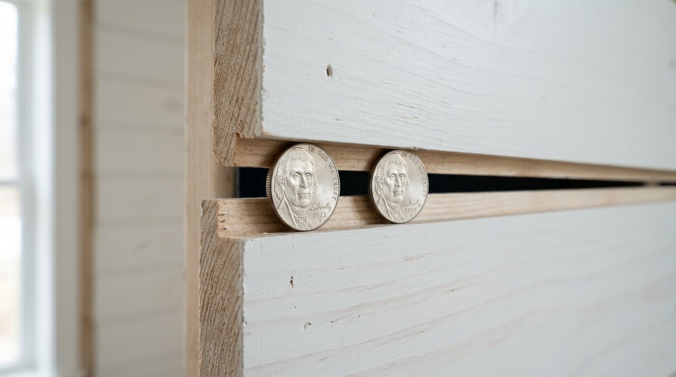 Two American nickels placed upright in the gap between two horizontal white wood planks for uniform spacing.