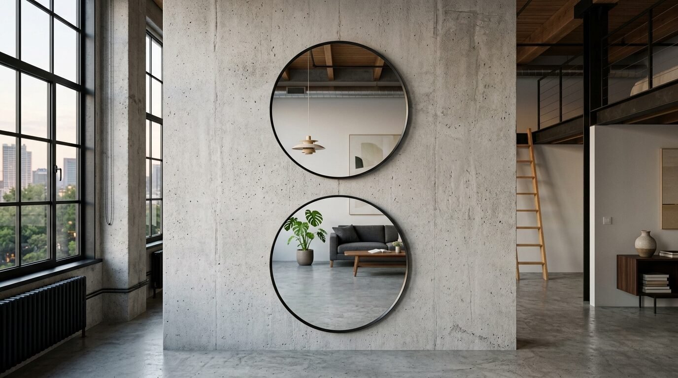 A pair of large round mirrors reflecting a modern living room interior on a textured grey concrete partition.