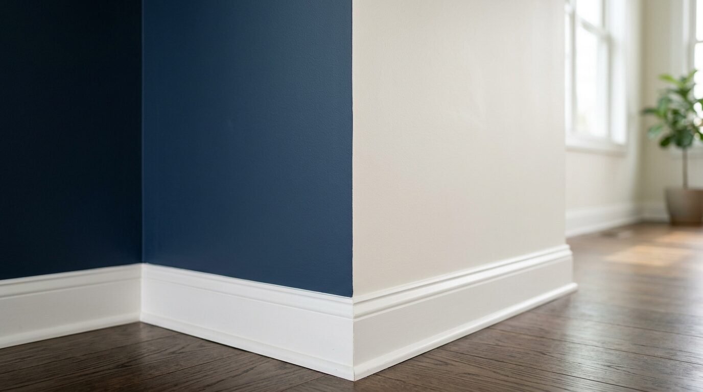 Close up of an interior corner featuring navy blue and cream paint meeting above white baseboard trim.