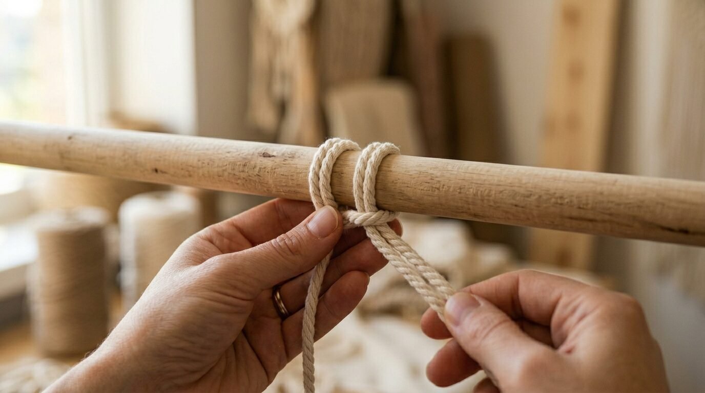 Close-up of hands creating a macrame knot with cotton cord around a smooth wooden rod.