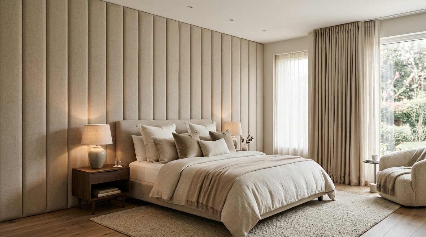 A beige modern bedroom with a vertical upholstered accent wall, matching linens, and a cozy corner armchair.