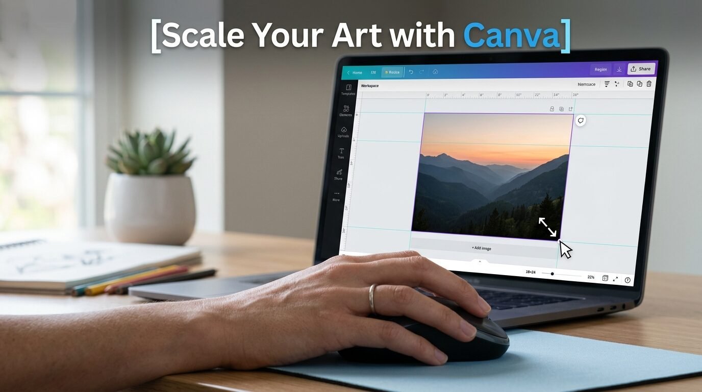 Close-up of a person resizing a landscape photograph on a laptop screen using Canva software.