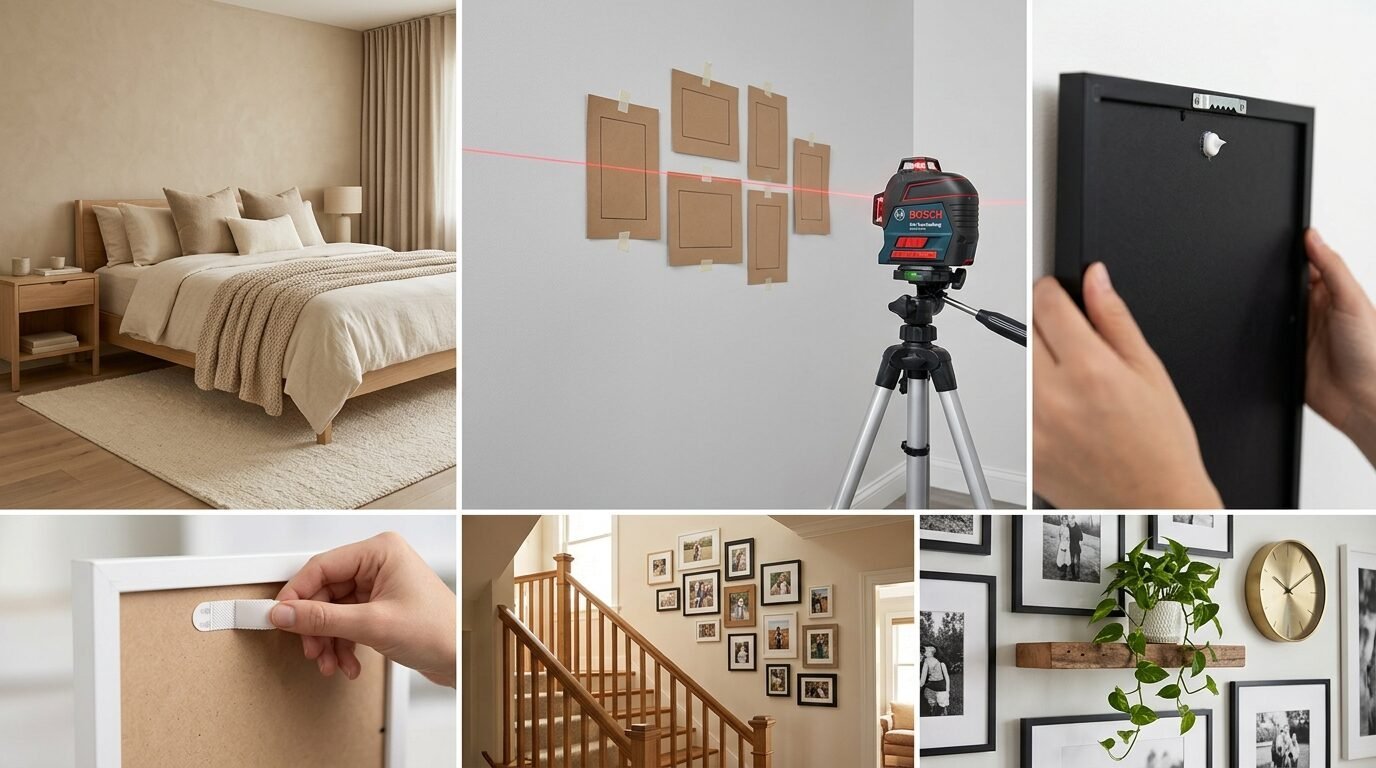 A Bosch laser level on a tripod projecting a horizontal red line across cardboard frame mockups on a light wall.