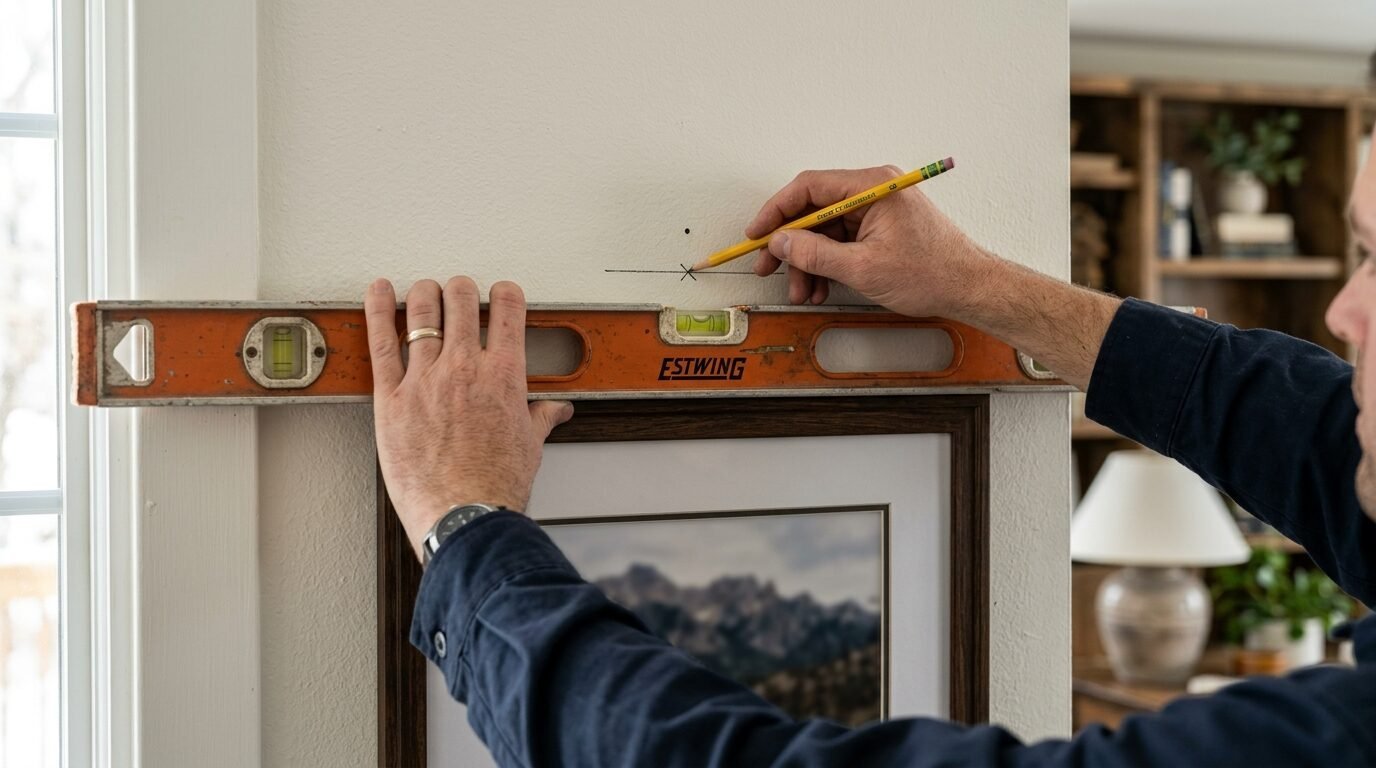 Close up of hands holding an orange Estwing level against a wall while marking a spot with a yellow pencil.