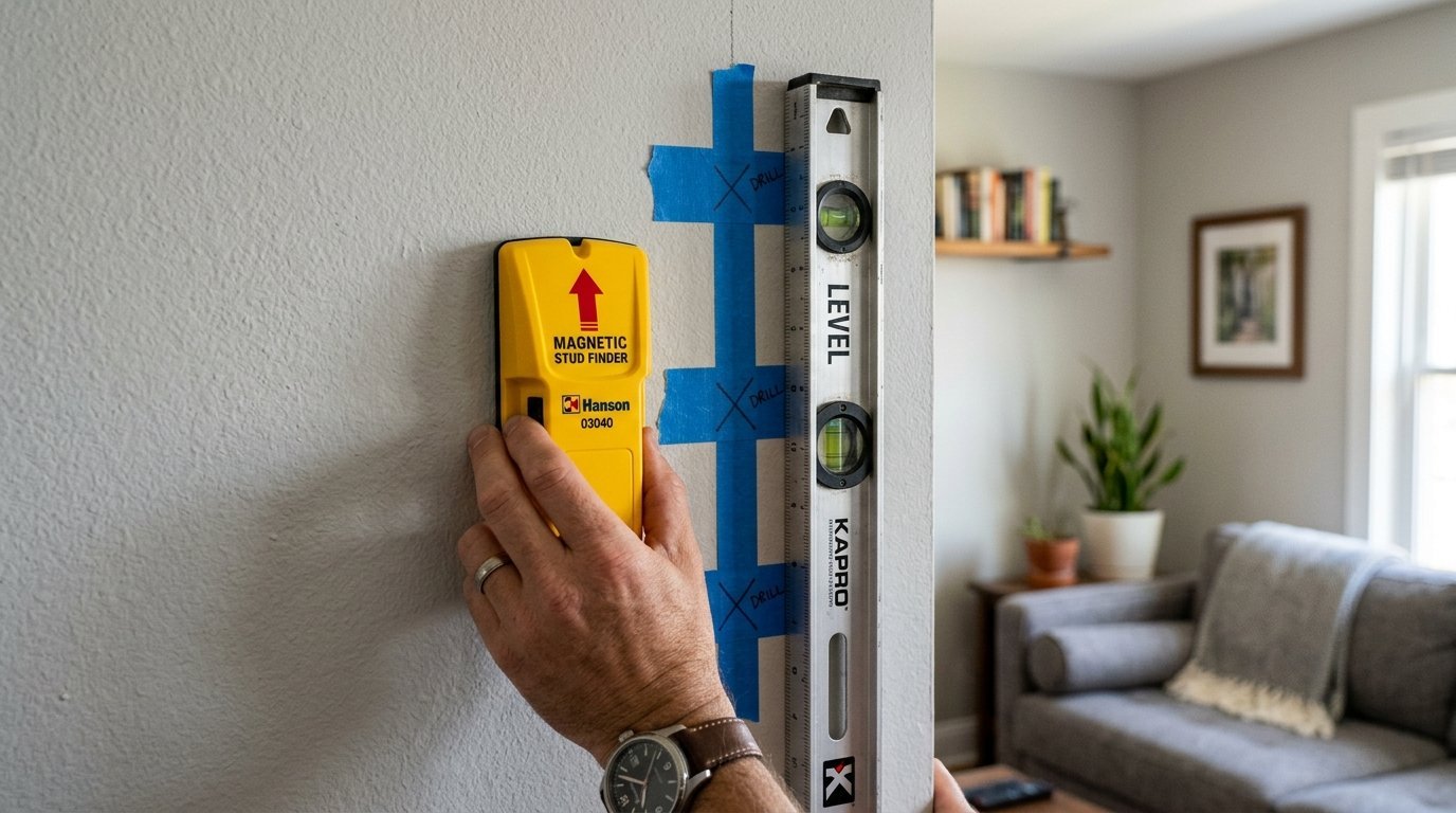 Hand holding a yellow Hanson stud finder against a wall marked with blue painter tape and a metal Kapro level.