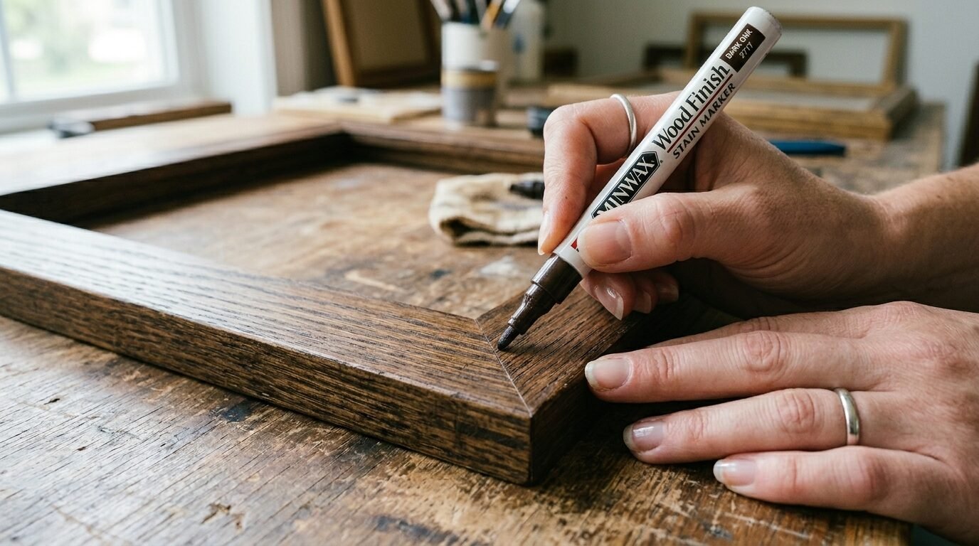 Close-up of a person using a Minwax wood stain marker to touch up the mitered corner of a stained wooden frame.