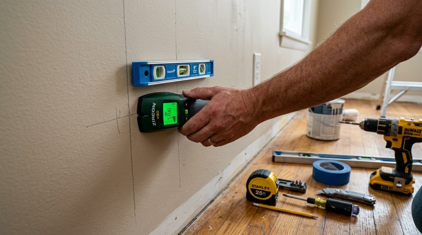 A close-up of a hand holding a Zircon electronic stud finder against a wall with a level placed above it.