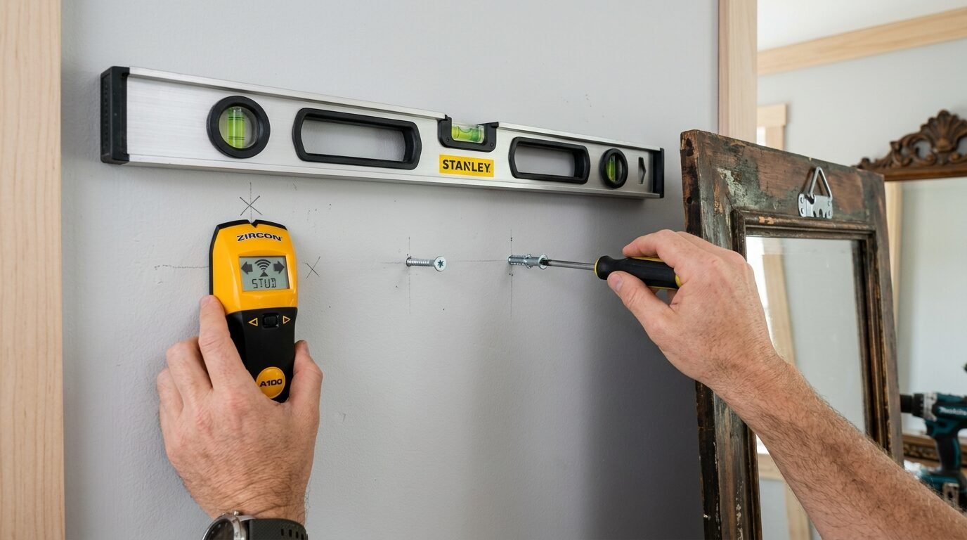 Close up of hands using a Zircon stud finder and Stanley level to mark wall anchors for hanging a mirror.