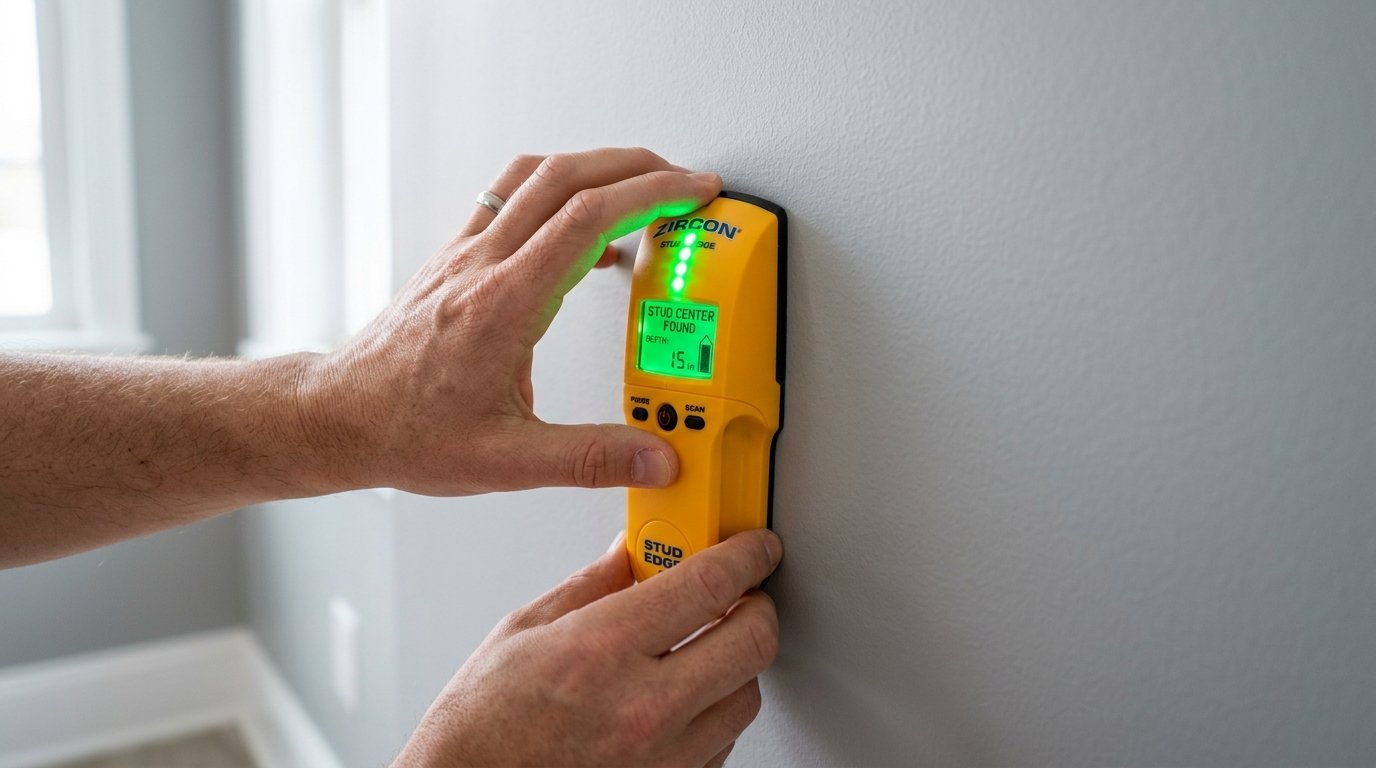 Close up of hands operating a yellow digital stud finder against a grey wall with a green illuminated screen.