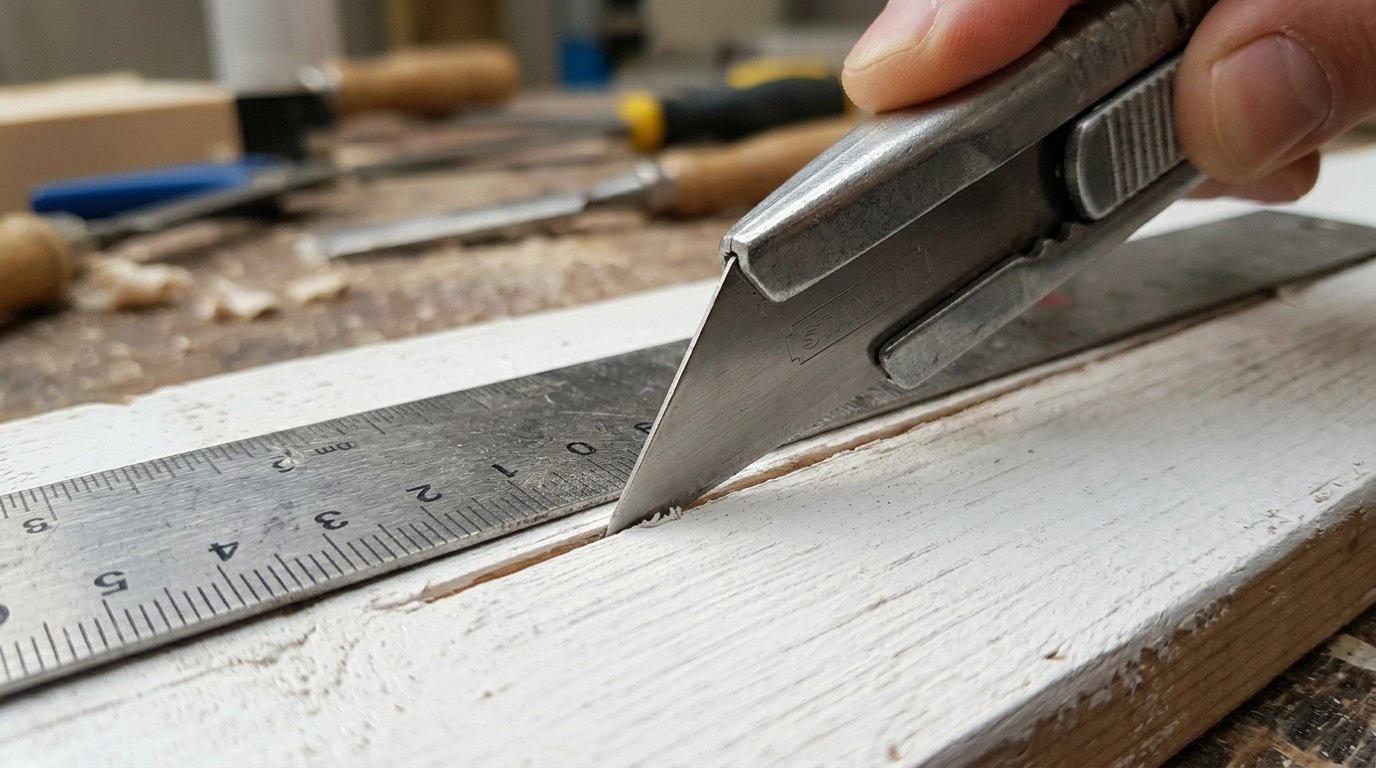 A person uses a Stanley blade to score a line on a white painted wooden board guided by a metal ruler.