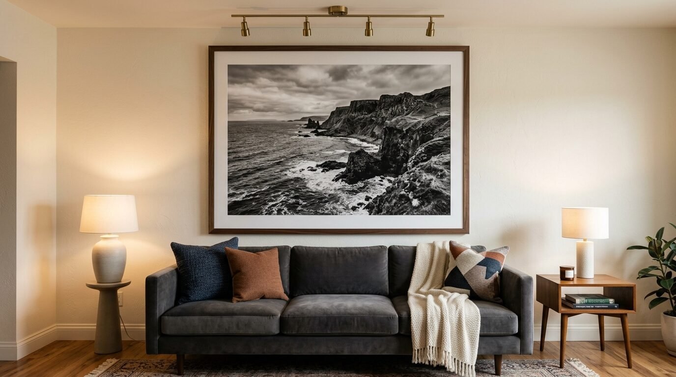 Modern living room featuring a dark grey velvet sofa and large framed coastal art print on a neutral wall.