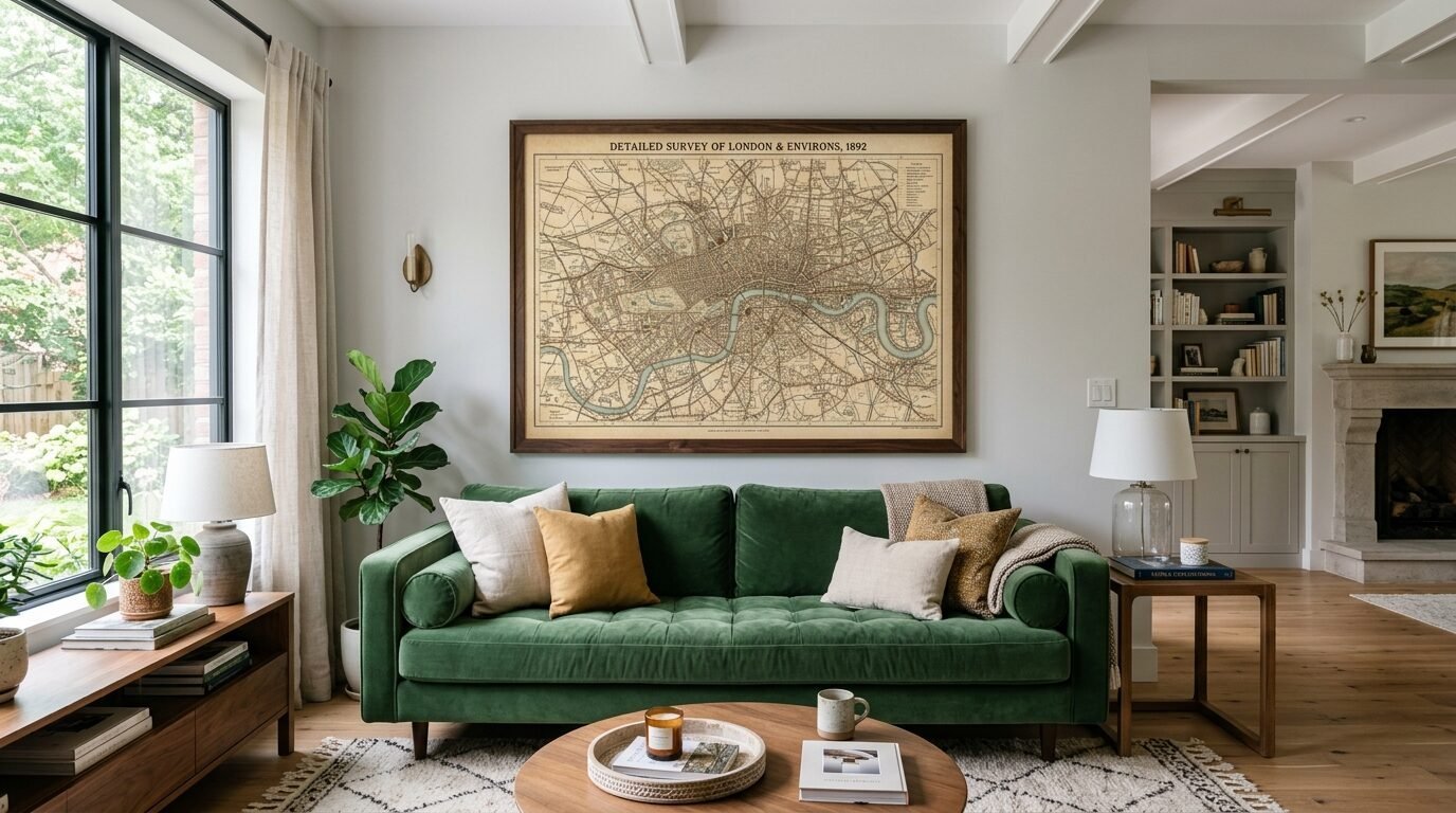 A dark green velvet sofa sits below a framed 1892 map of London in a bright, modern living room.