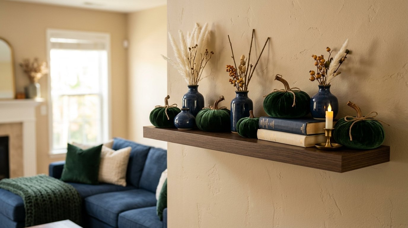 Floating wooden shelf holding green velvet pumpkins, blue ceramic vases, books, and a lit candle.