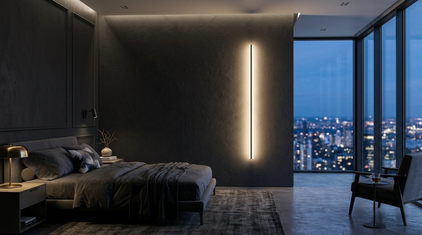 Modern dark bedroom interior featuring a long vertical illuminated light fixture beside a window overlooking a city.