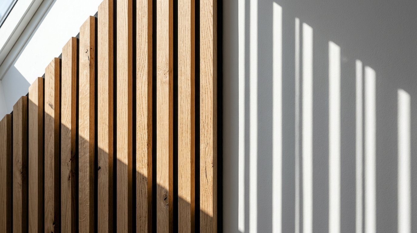 Close up of a wooden slat wall with sharp vertical light and shadow patterns on the adjacent white wall.