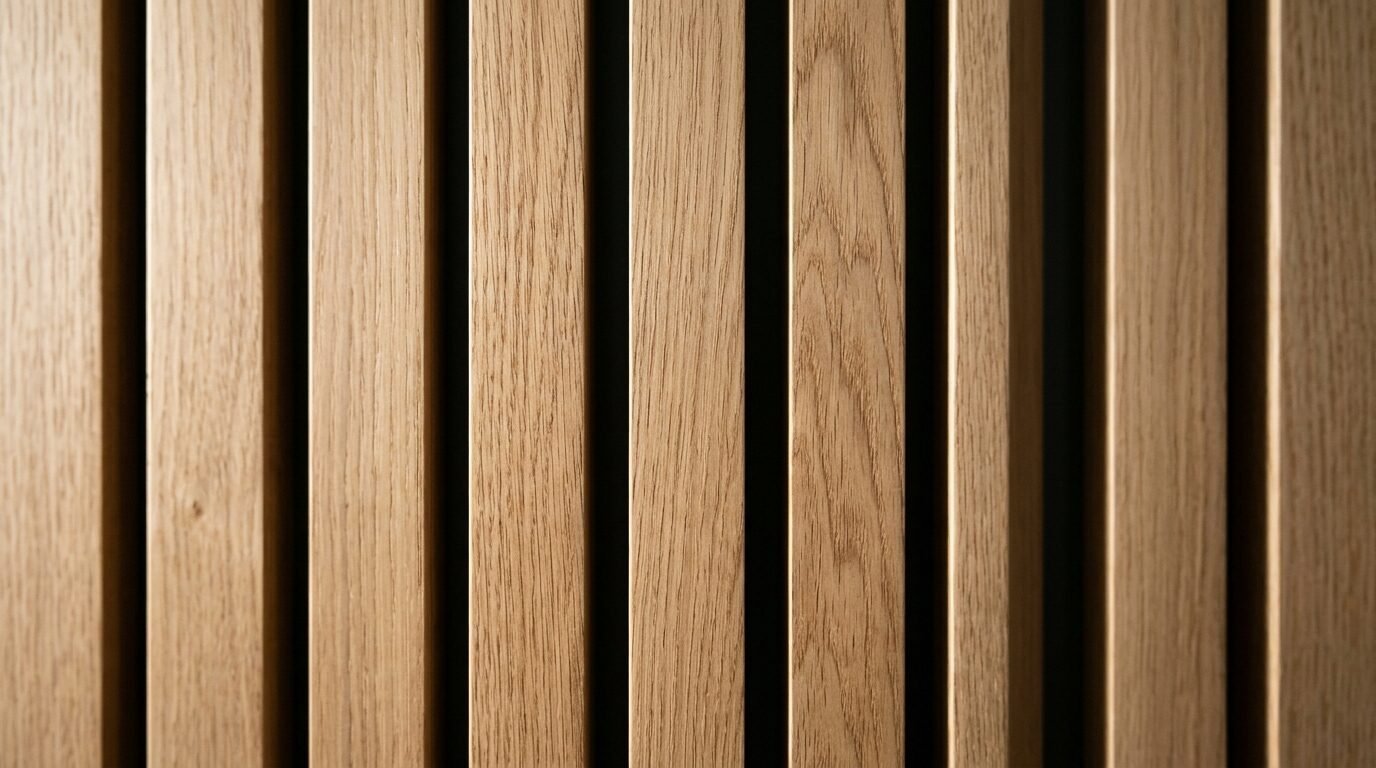 Close up view of light brown wooden slats spaced evenly against a dark background.