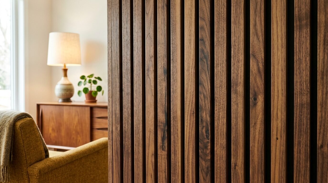 Close up of vertical dark walnut wood slats with a blurred living room scene in the background.