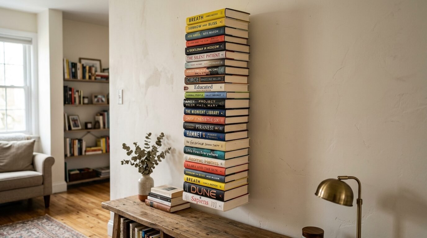 A creative vertical bookshelf featuring a tower of hardcover books floating against a neutral interior wall.