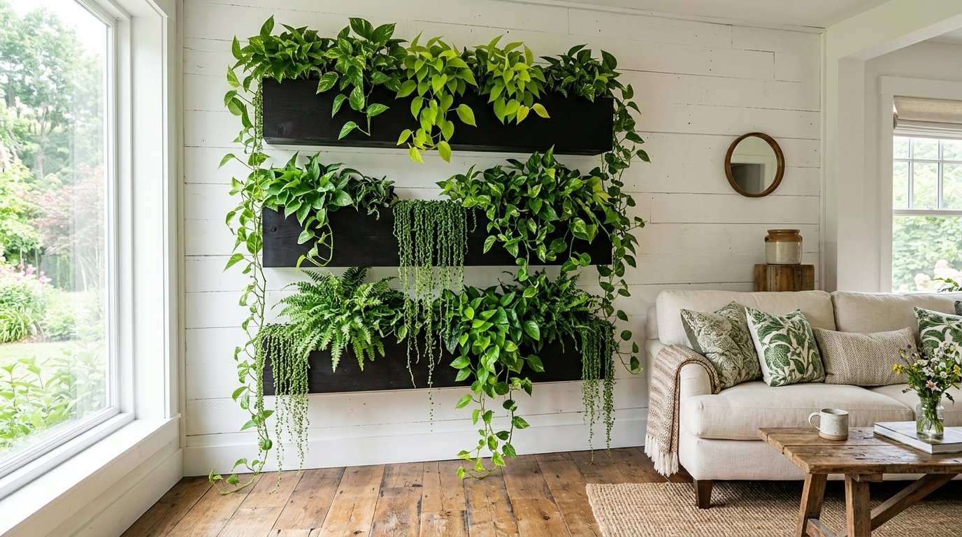 A white shiplap wall featuring three black horizontal planters overflowing with trailing pothos and ferns.