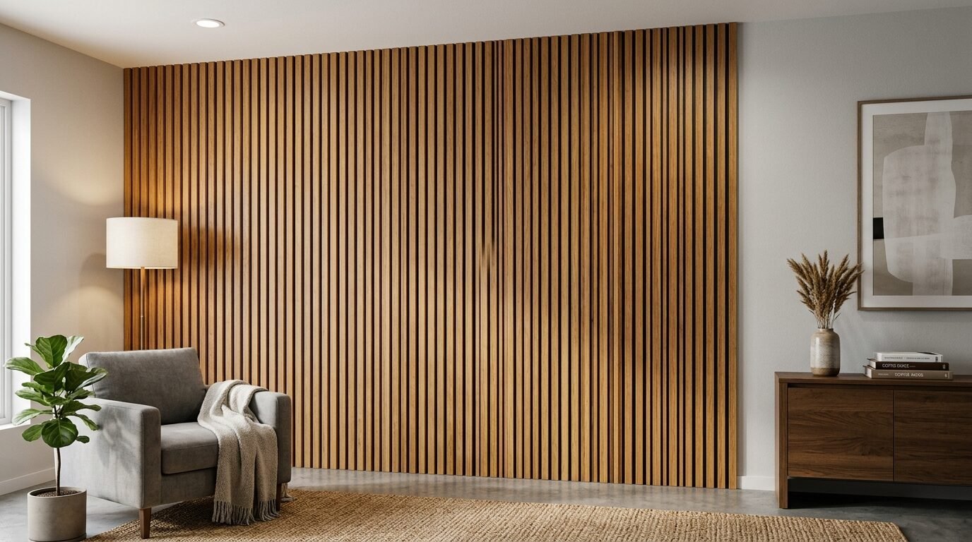 A grey armchair and wooden console table sit in front of a floor-to-ceiling slatted oak accent wall.