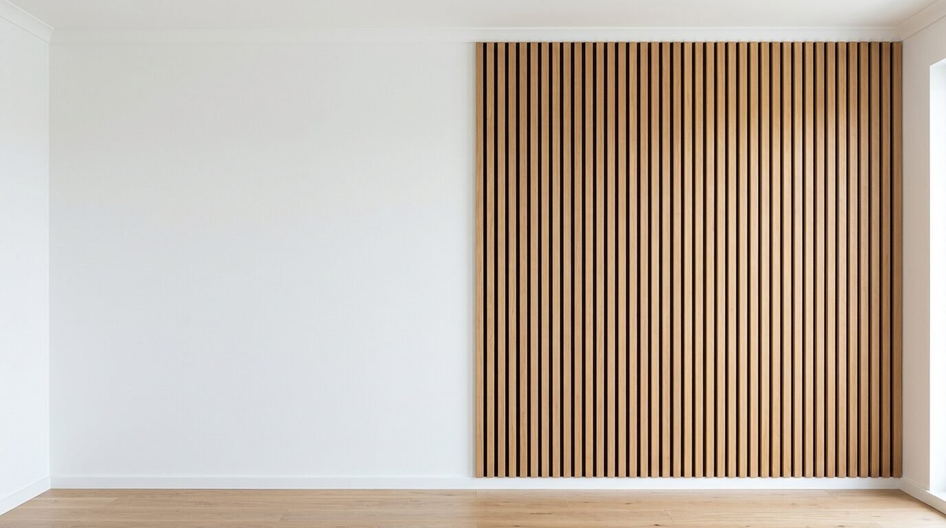 A white wall next to a modern interior design feature made of thin vertical wooden slats.